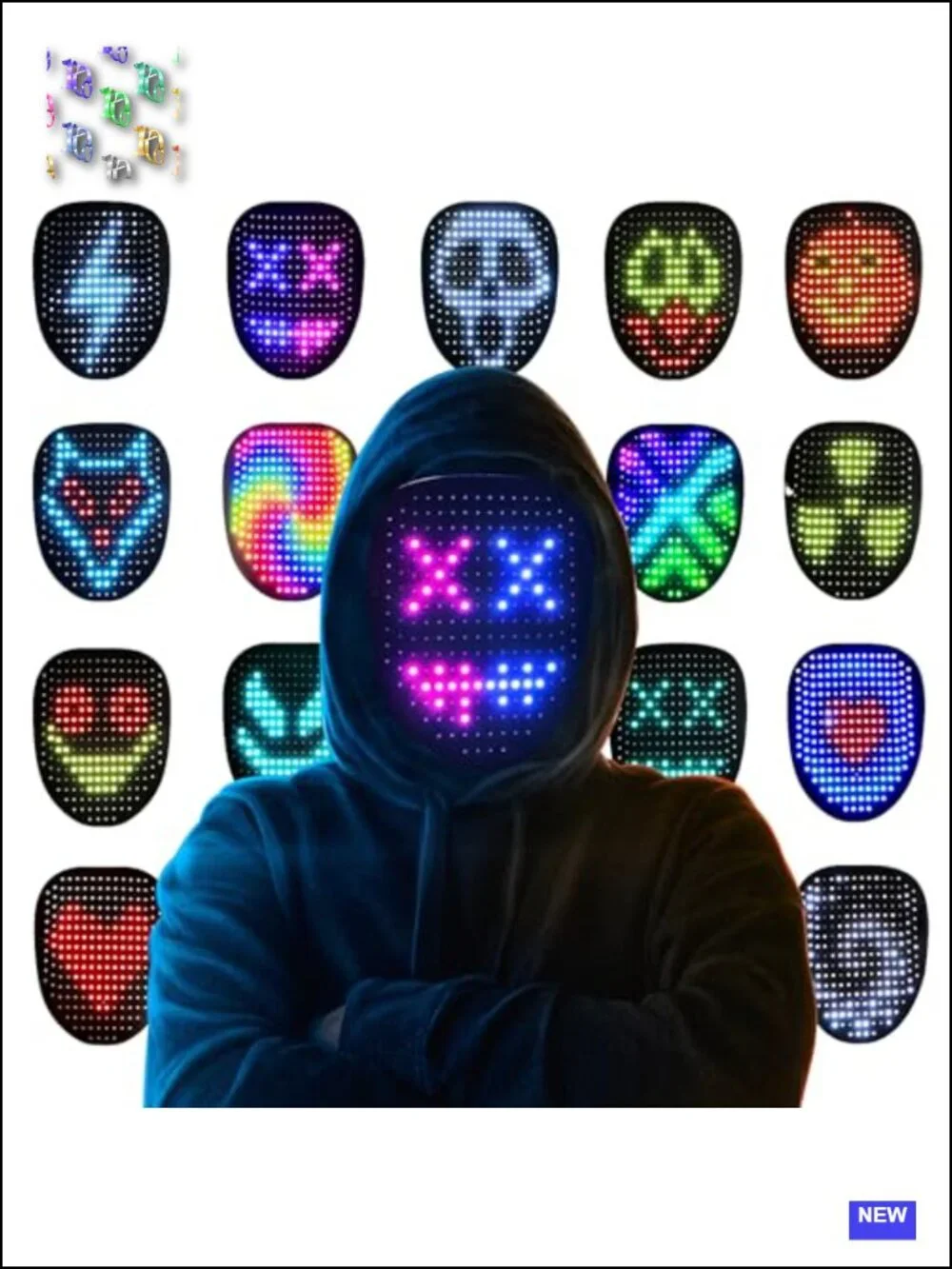 LED Light Up Mask with Gesture Sensing, 50 Patterns, Rechargeable, for Kids &